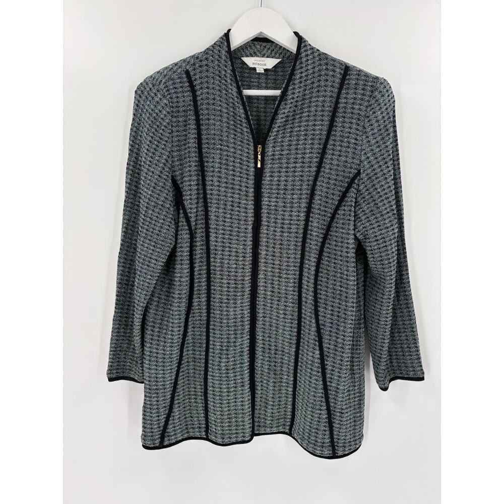 Exclusively Misook Knit Sweater Jacket Womens Large Blue Black Full Zip Cardigan